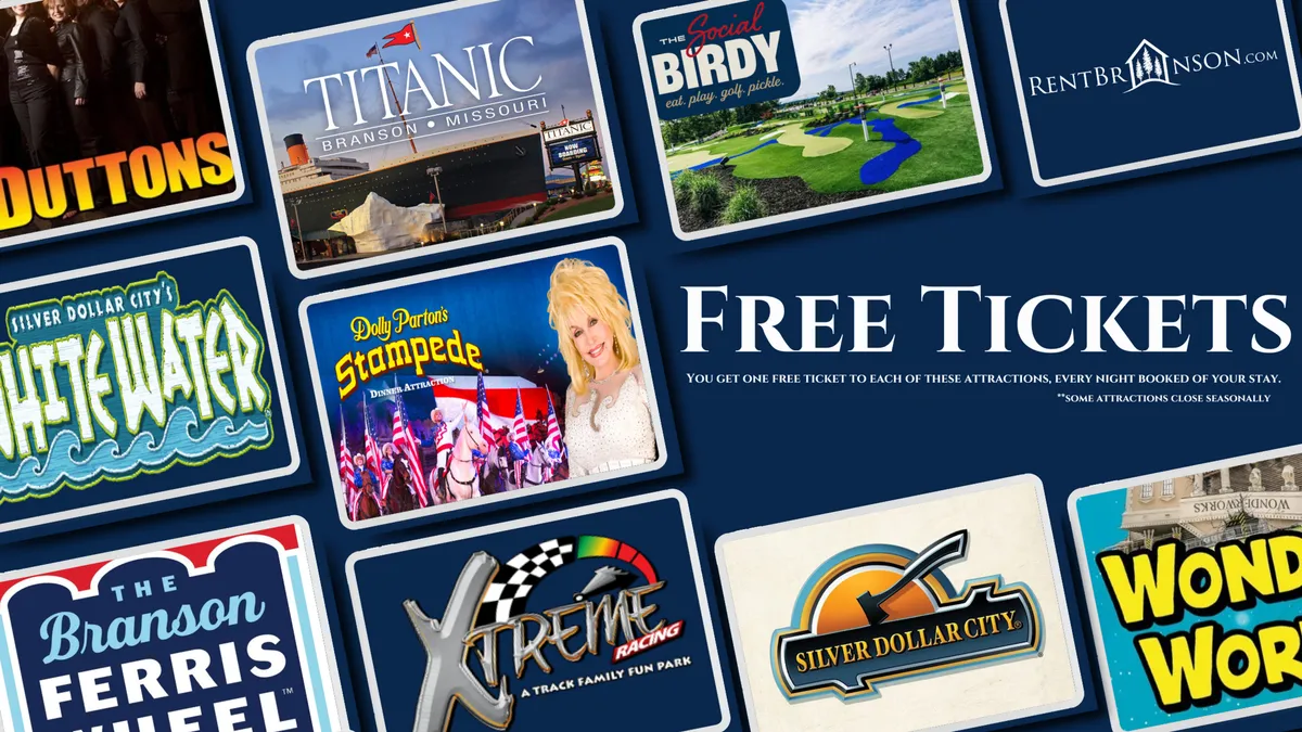 A lively interior display featuring free attraction tickets, colorful logos, and vibrant promotional materials for local hotspots like Silver Dollar City. The atmosphere is energetic and geared toward family entertainment and exploration.